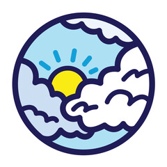 Cloudy or partly sunny weather colored icon illustration with outline isolated on square white background. Simple flat cartoon art styled drawing.