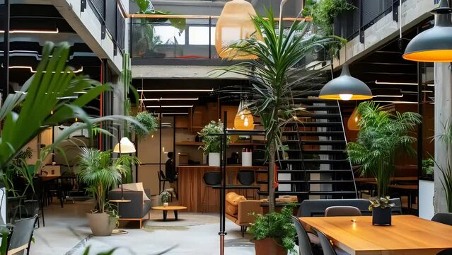 Open space with large tables and plants for work, coworking office, entrepreneurial concept. Freelancer and startup economy in coworking space. 3D animation.