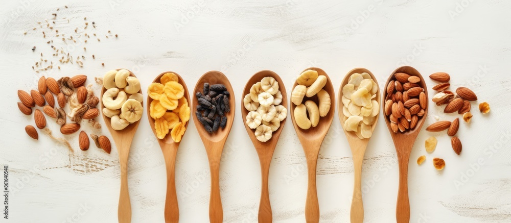 Leinwandbilder Various nuts and dried banana slices arranged on a wooden spoon displayed on a white kitchen counter with space for additional imagery.