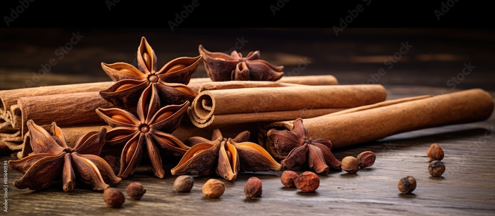 Poster cinnamon sticks and star anise arranged on a wooden table with space for a picture. with copy space 