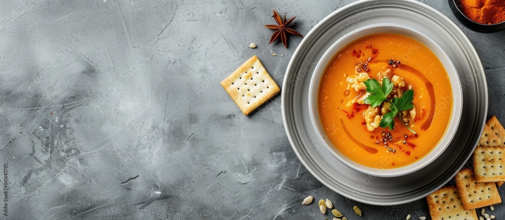 Aufkleber White plate with autumn pumpkin soup, rye crackers, and spices on gray background in horizontal view, leaving open space for a picture or text. with copy space image. Place for adding text or design