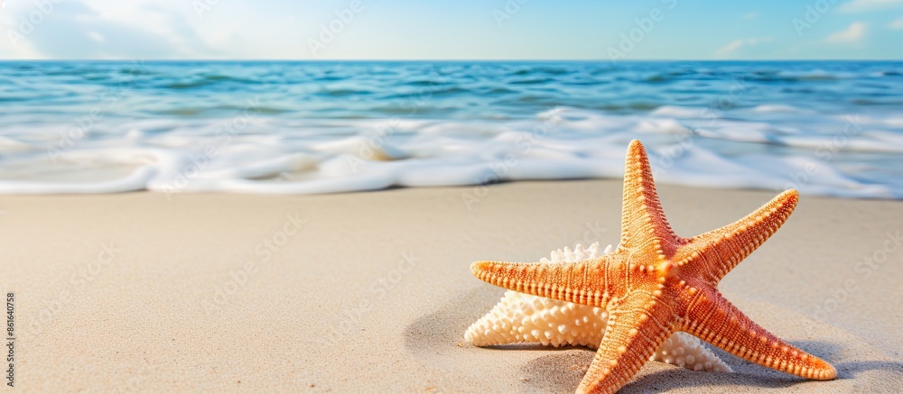 Poster starfish resting on the sandy beach with plenty of copy space image.