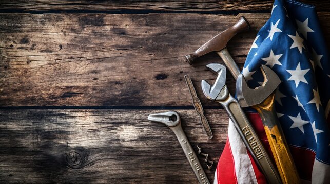 An American flag is draped beside various tools on a rustic wooden surface, symbolizing hardworking craftsmanship and a connection to American values.