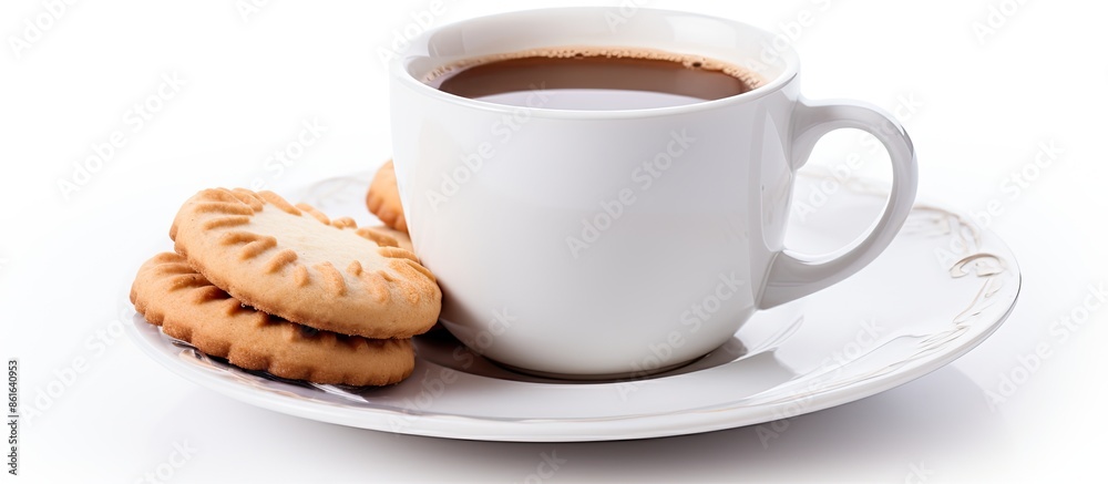 Aufkleber isolated on a white background, a cup of coffee and biscuit displayed with copy space image.