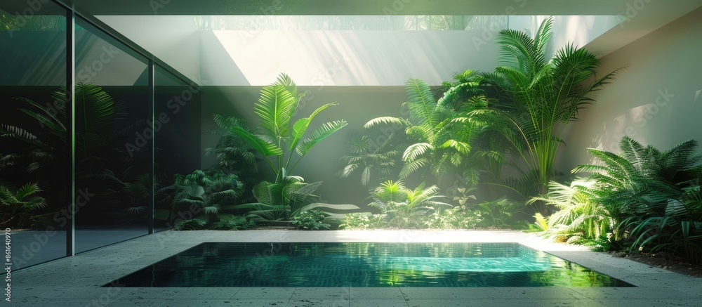 Poster architecture, house with garden, indoor swimming pool. with copy space image. place for adding text 