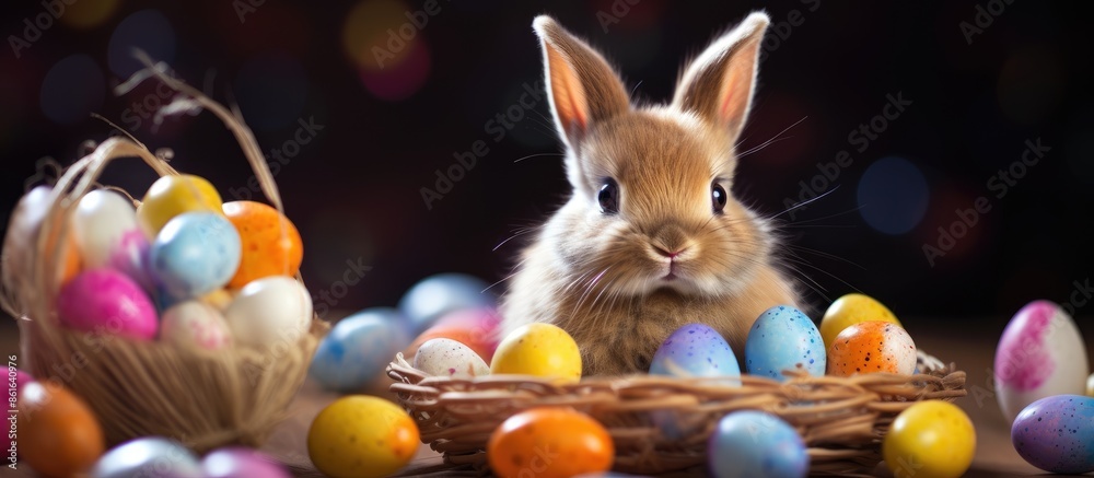 Aufkleber copy space image with a cute brown and white baby rabbit sitting in a basket surrounded by colorful 