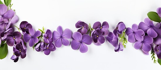 An arrangement of violet flowers on a blank surface with space for text or graphics, known as a copy space image.