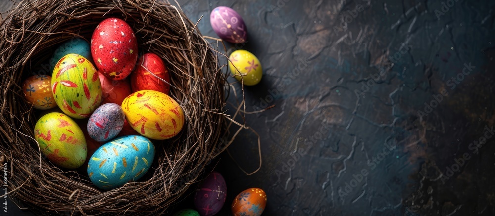 Aufkleber Close-up top view of Easter eggs in a nest creating the concept with copy space image.