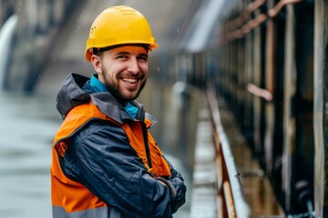 Portrait of a young smiling male engineer at Hydroelectric Dam