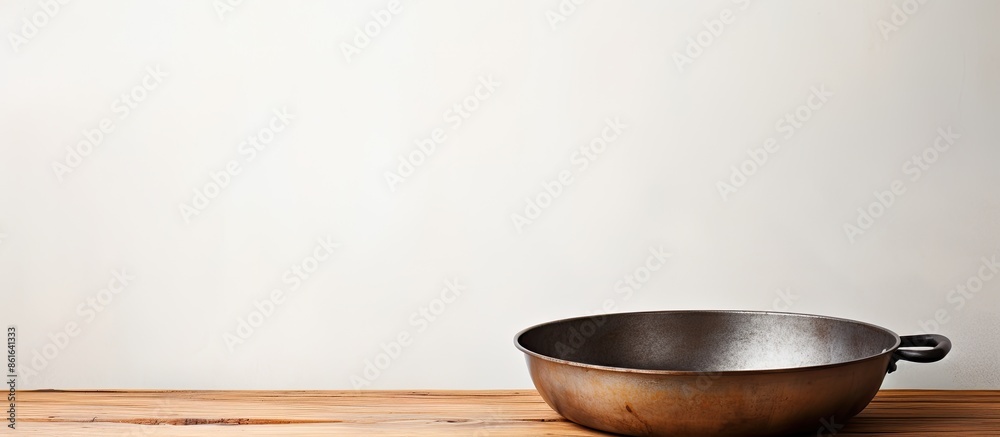 Poster An empty pan is placed on a white table with a plain background providing copy space image.