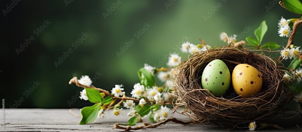 Leinwandbilder template for easter greeting card or festive invitation with a small handcrafted nest and natural eg