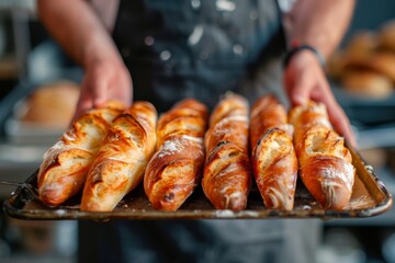 Close up baker hands holding freshly baked baguettes