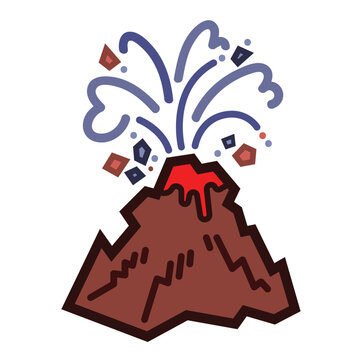 recommend clip art: Volcano or mountain eruption natural disaster colored icon illustration with outline isolated on square white background. Simple flat cartoon art styled drawing.