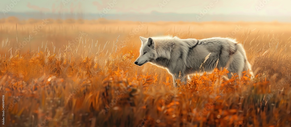 Poster an arctic wolf roaming through the autumn landscape in a copy space image.