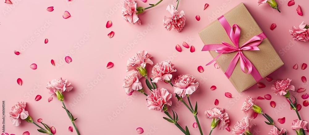 Poster a mother's day design idea featuring a top view of carnations and a gift box on a pink background su