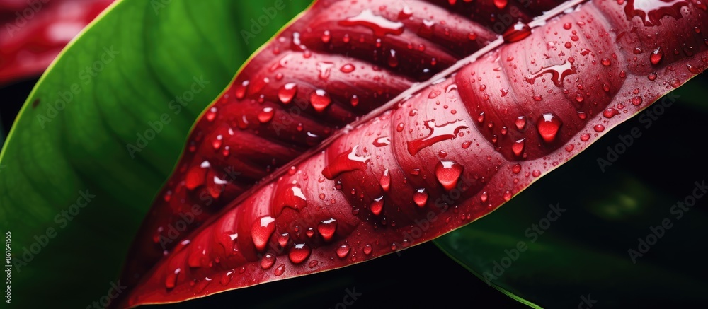 Leinwandbilder nature abstract background with raindrops on a vibrant red ginger leaf providing an artistic feel wi