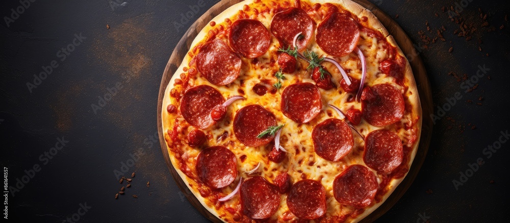 Fototapete delicious pepperoni pizza displayed on gray surface in a flat lay composition with ample room for ad