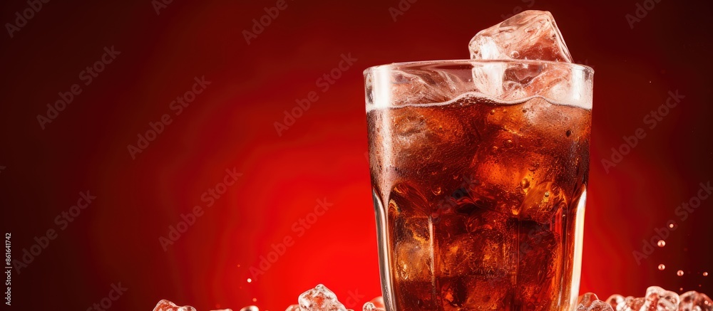 Poster brown fizzy soda. chilled sweet cola with ice on red backdrop, featuring copy space image.