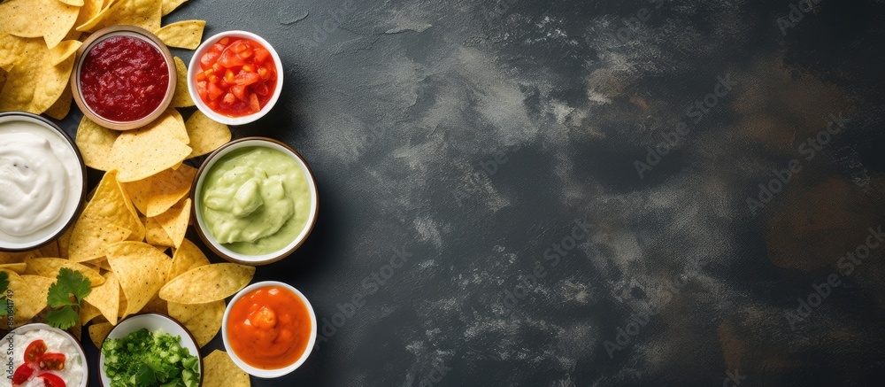 Poster Top-down view of Mexican nachos with dips like guacamole and sour cream on a stone surface with room for a copy space image.
