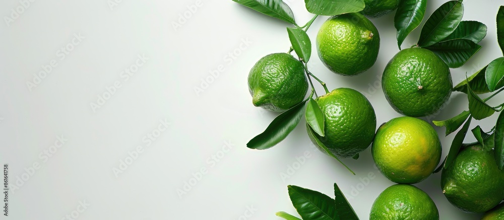 Poster green unripe fruit on a white background with copy space image showing green tangerines.