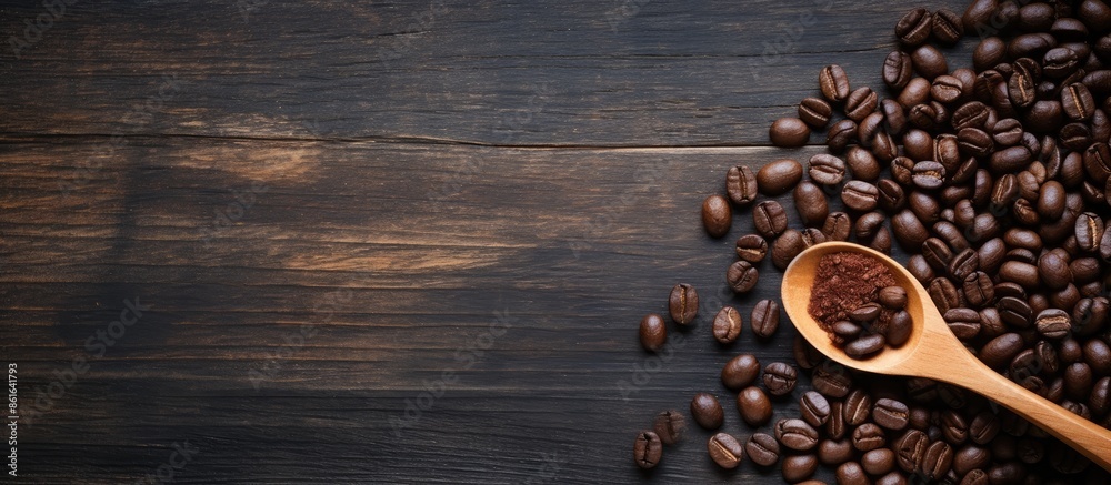 Poster Wooden spoon placed next to a coffee bean with a rustic background, creating an ideal copy space image.