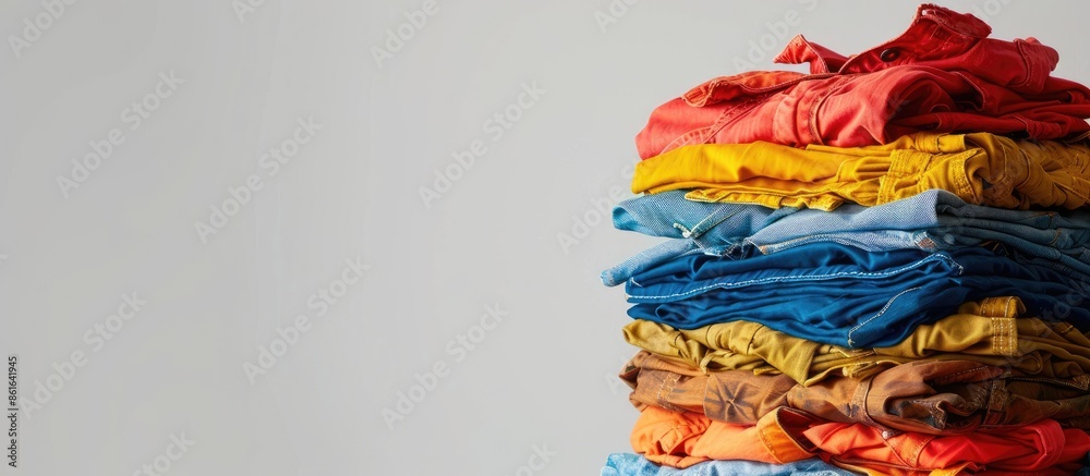 Aufkleber Stack of trendy modern clothes made from recycled plastic. Eco products and zero waste concept. Copy space image. Place for adding text or design