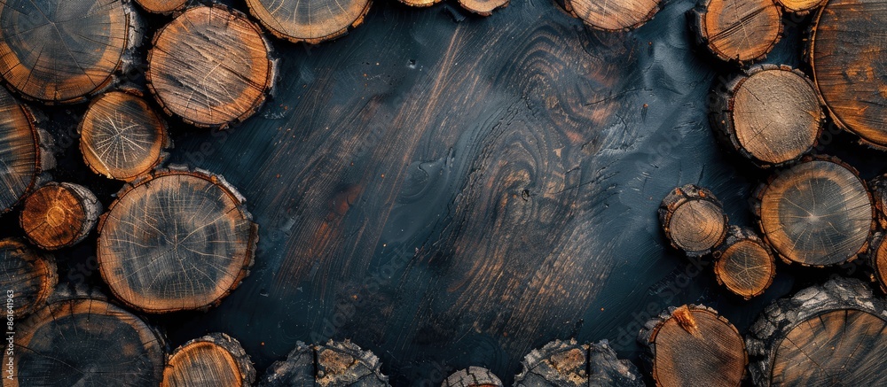 Poster wooden natural sawn logs as background, top view, flat lay. copy space image. place for adding text 