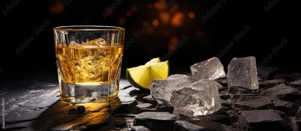 Aufkleber a mexican gold tequila shot with lime and salt placed on a black stone table with a focused backgrou