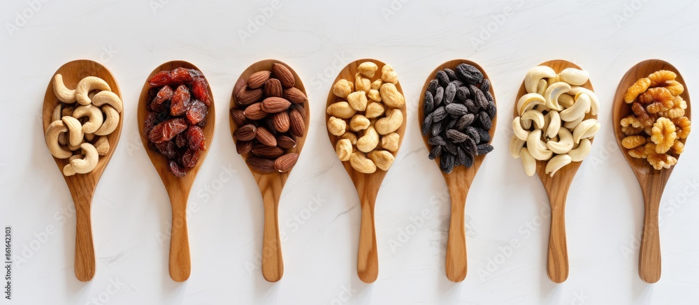 Fototapete various nuts and dried banana slices arranged on a wooden spoon displayed on a white kitchen counter