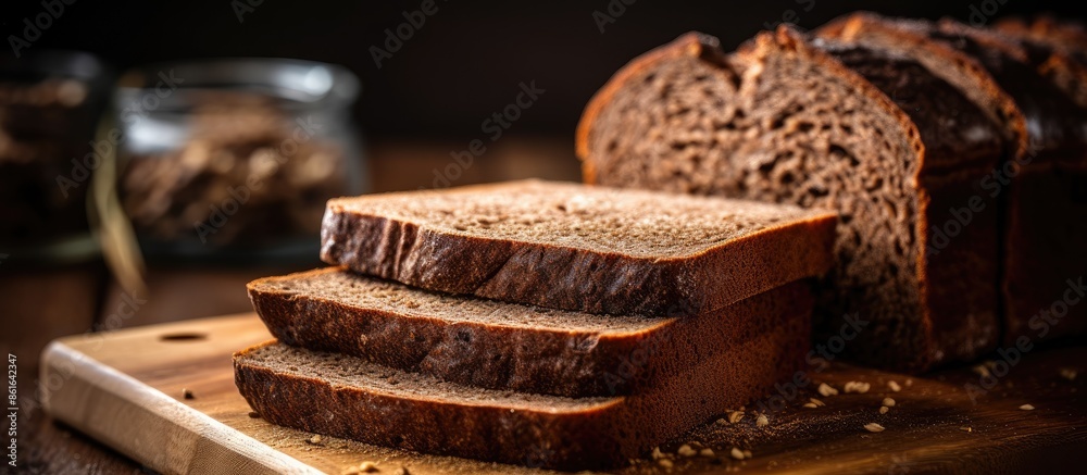 Aufkleber close-up of sliced homemade rye bread on a cutting board with copy space image.