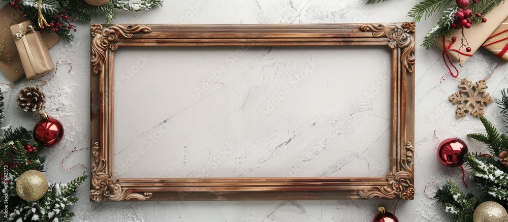 Fototapete holiday-themed mockup featuring an empty wooden frame, perfect for christmas. includes festive decor
