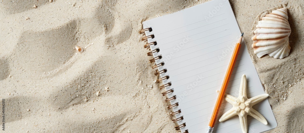 Aufkleber Beach-themed notepad with a pencil, starfish, and shellfish on sandy seashore used as a background for photos with space for text or images. with copy space image. Place for adding text or design