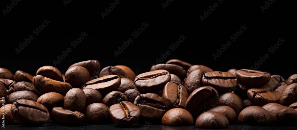 Leinwandbilder Black coffee beans displayed against a black background with space for text or images. with copy space image. Place for adding text or design