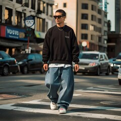 A man wearing a black sweatshirt and baggy jeans, streetwear, 2000s fashion