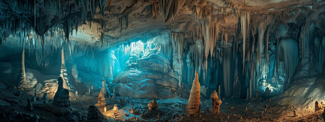 A surreal limestone cave system, with intricate stalactites and stalagmites illuminated by softly glowing bioluminescent organisms