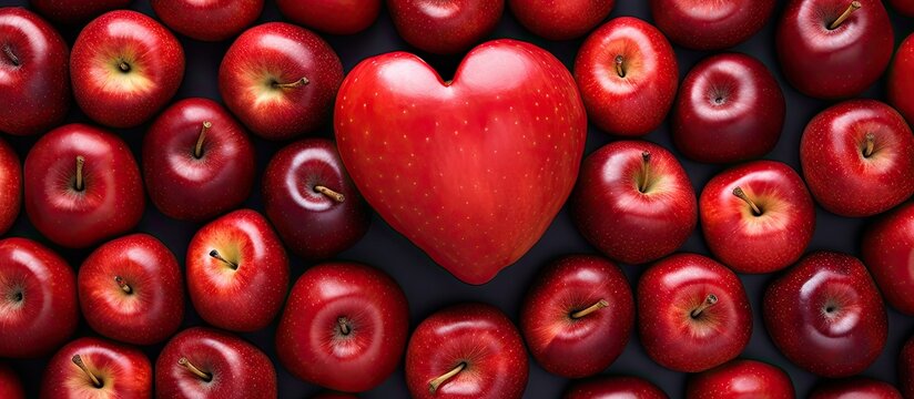 A festive display of red apples against a heart-shaped backdrop on St. Valentine's Day with relevant copy space image.
