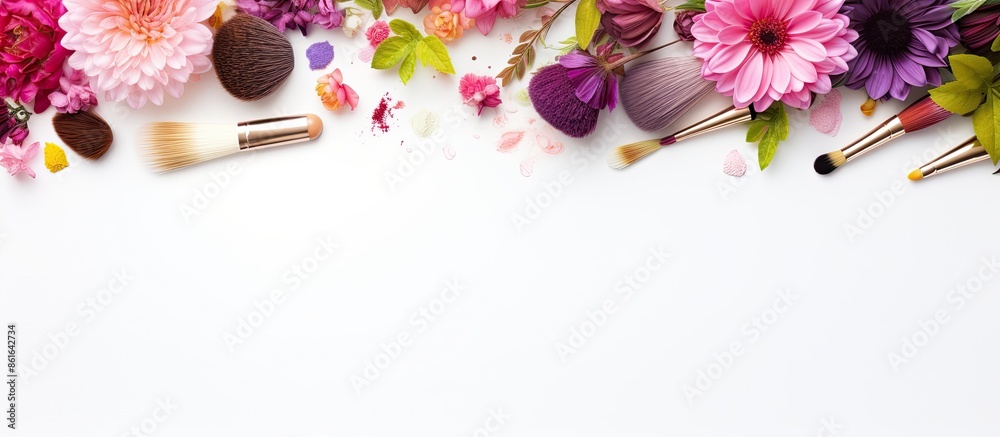 Poster Decorative cosmetics and brushes creatively arranged in a frame on a white background in a top-view copy space image.