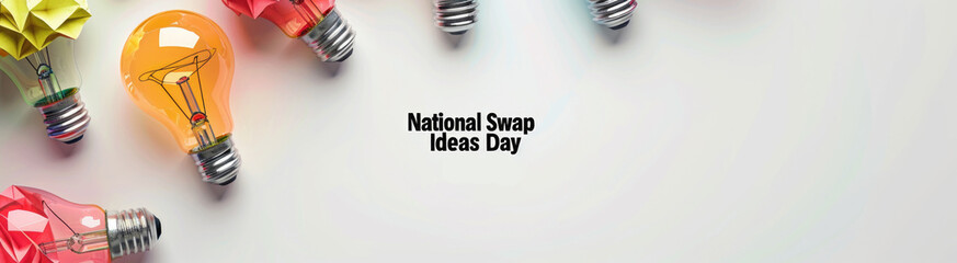 Creative Light Bulbs for National Swap Ideas Day Celebration on White Background, Creative Banner.