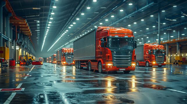 Photorealistic image of several trucks parked in a large, illuminated warehouse. The scene captures the industrial atmosphere with reflections on the wet floor.