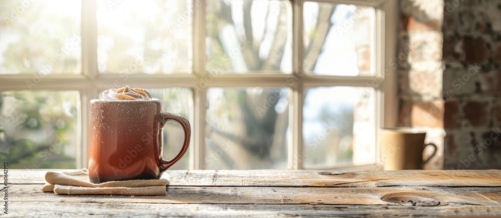 Aufkleber brown mug cake and window . with copy space image. Place for adding text or design