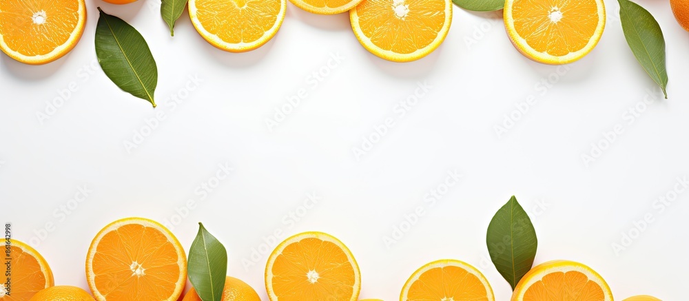 Poster copy space image of fresh oranges on a white background.