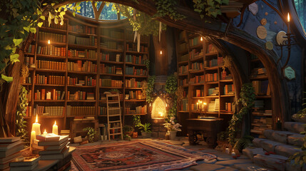 A cozy, magical library filled with floating books, enchanted candles, and hidden secrets.