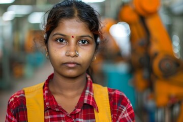 Naklejka premium Portrait of a young female assembly line worker in factory