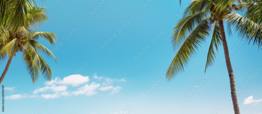 Poster tropical coast scenery with palm and coconut trees against a clear blue sky, creating a summer vibe 