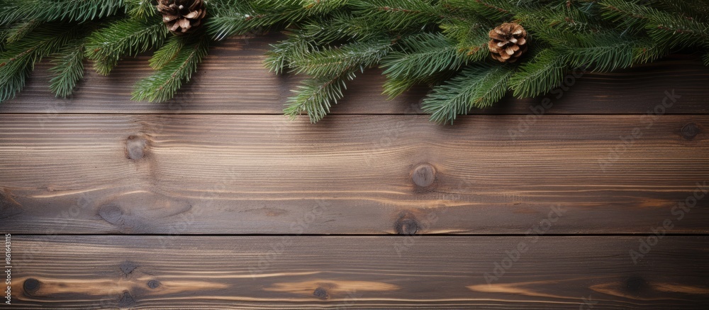 Poster a christmas fir tree displayed on a wooden board with copy space image.