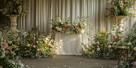 Naklejka premium Charming celebration English countryside wedding decor with cottage floral elements. Concept English Countryside Wedding, Charming Celebration, Cottage Floral Decor