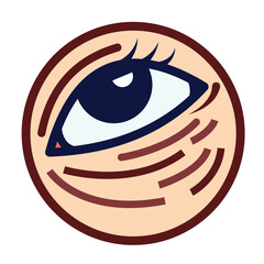 Tired, lifeless, or unconsious eye with eye bags or dark circles colored icon illustration outlined isolated on square white background. Simple flat cartoon art styled drawing.
