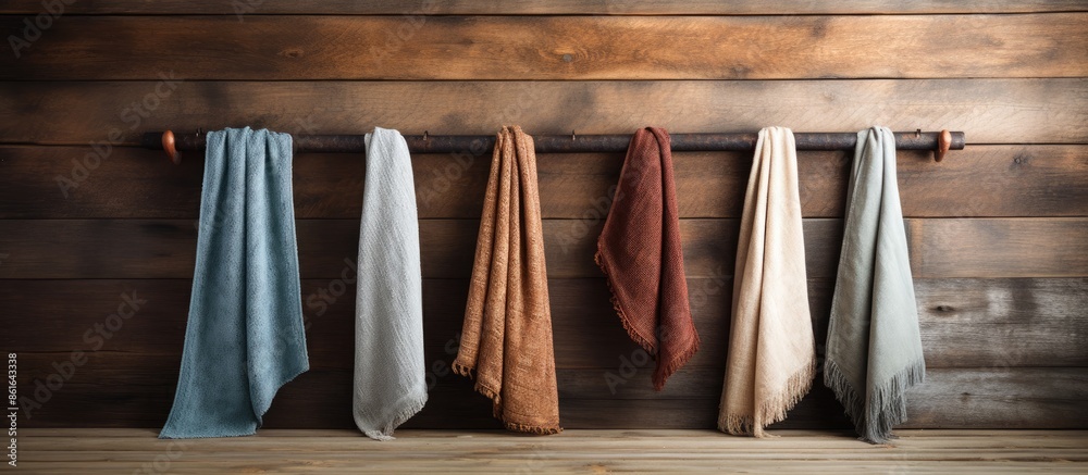 Aufkleber Kitchen textiles displayed on a rustic wooden backdrop with ample copy space image available.