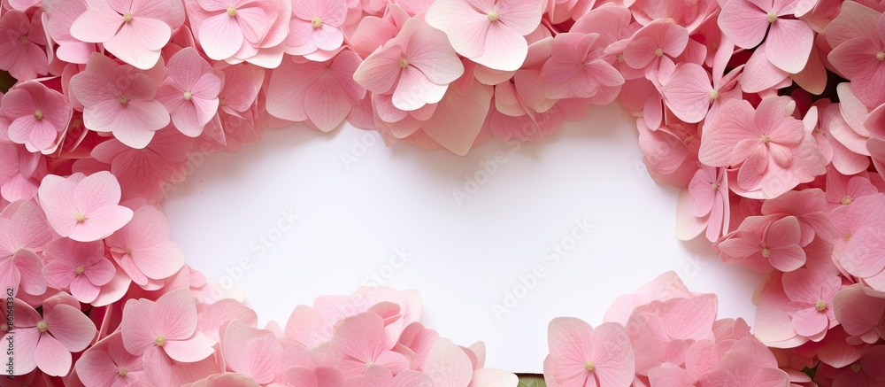 Poster pink paper note surrounded by gorgeous hydrangea flowers with copy space image.