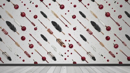 Symmetrical Arrangement of Arrows and Feathers with Vibrant Red Spherical Objects on a White Wooden Plank Floor